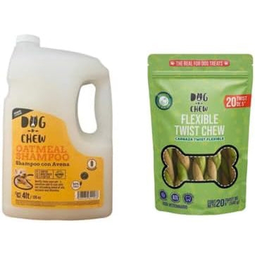 DOG-O-CHEW, Shampoo para Perro, Shampoo para Perro con Avena Premium + 20 Twist Flexible (Shampoo + Twist CACAHUATE Manzana)